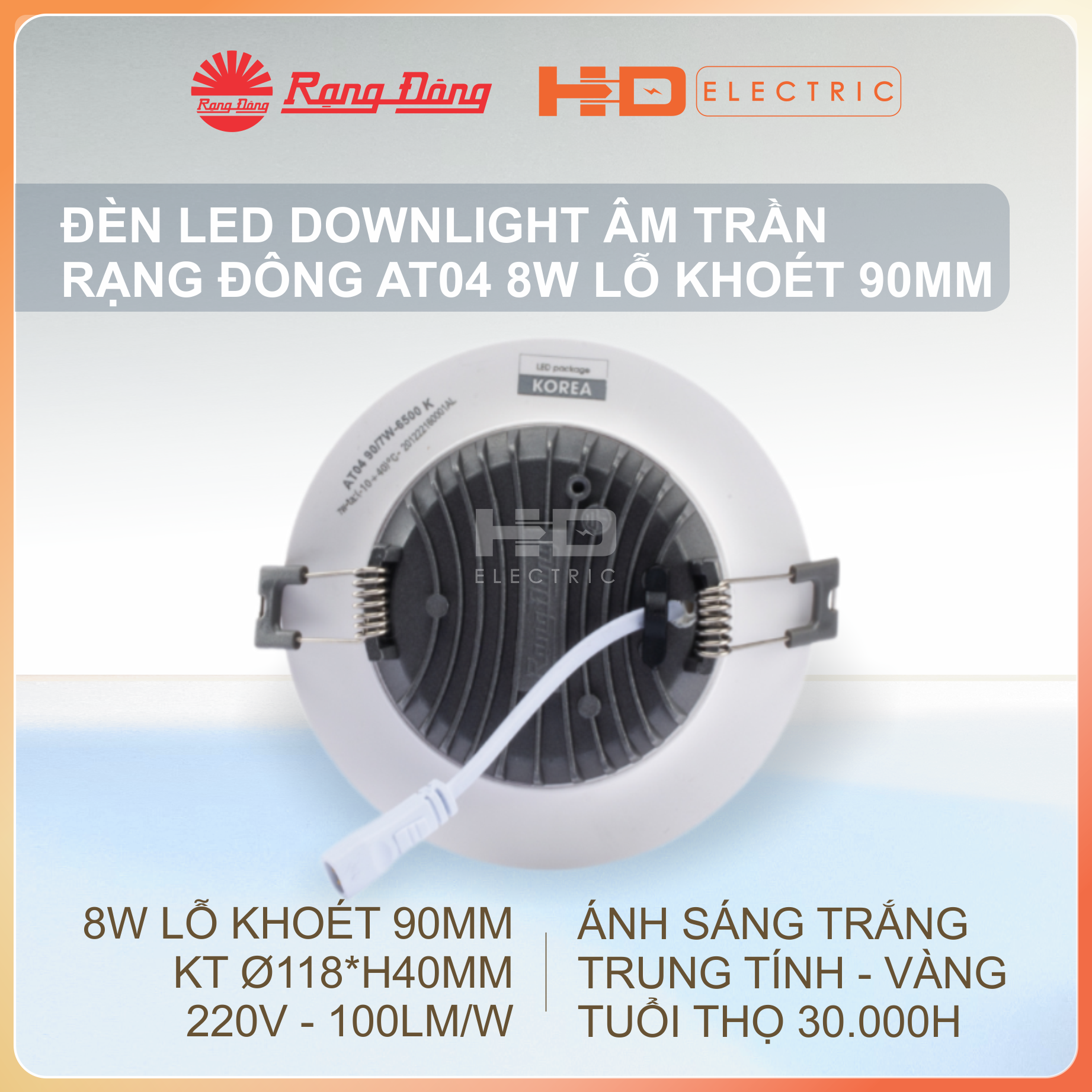 Đèn LED Âm trần Rạng Đông AT04 8W Lỗ khoét 90mm (D90) - Downlight Ánh sáng trắng (6500K)